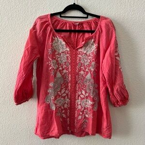 Johnny Was Workshop Women’s Surya Split Back Embroidered Top, Size Small, Coral